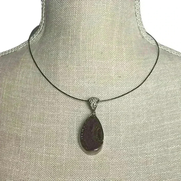 Purple Druzy Silver Oval Pendant with Crystal inlay Bail - Picture 1 of 6